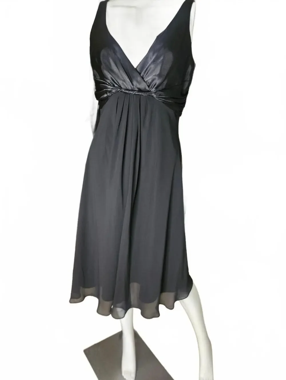 Jones New York Black Sleeveless V-Neck Midi Dress Sz 12  Sheer Overlay Lined
